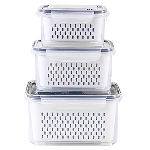 Ronanemon 3Pack Fridge Food Storage Container Set with Lids with Strainer,Plastic Fresh Produce Saver Vegetable Fruit Meat Storage Organization, BPA-Free Plastic Produce Keepers(3.15L+1.7L+0.8L) - Image 1