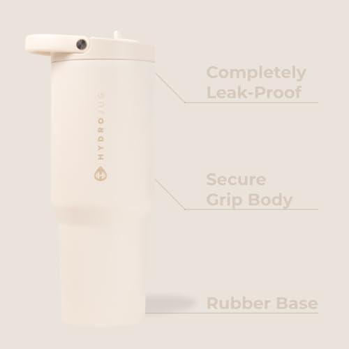 HydroJug Sport - Stainless Steel Tumbler with Straw, Vacuum Insulated, 32oz Leakproof Water Bottle, Ergonomic Design, Reusable, Dishwasher Safe, Rubber Base, Durable for Gym or Outdoors, Cream - Image 2