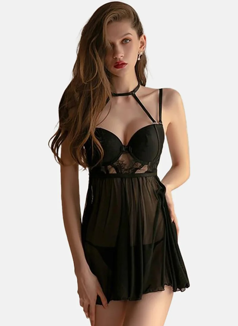 يونيكي Black Solid Babydoll With Briefs