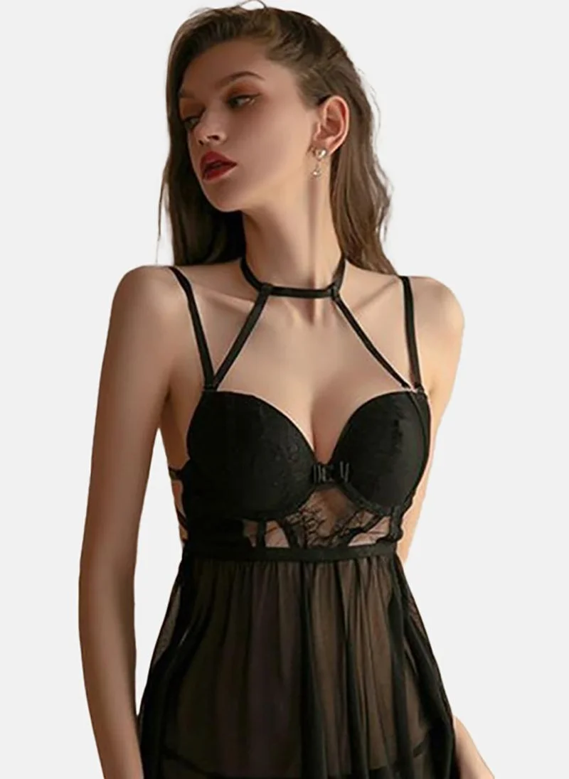 يونيكي Black Solid Babydoll With Briefs