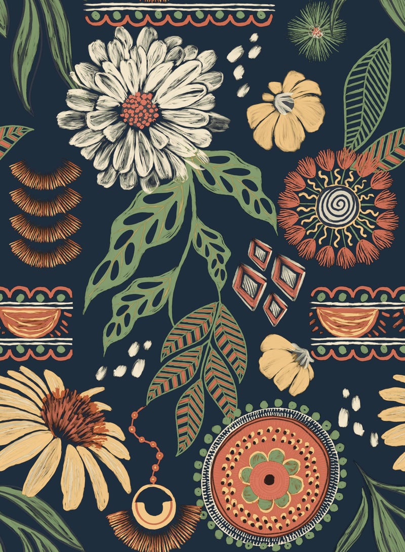 Simon&Siff Boho Wallpaper Peel and Stick, 17.3" x 480" Sun Floral Retro Removable Contact Paper Dark Botanical Flowers Wall Mural for Decorative Bedroom Bathroom Home Wall - Image 1
