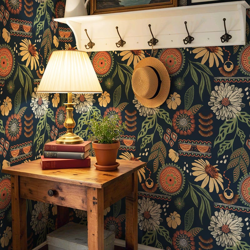Simon&Siff Boho Wallpaper Peel and Stick, 17.3" x 480" Sun Floral Retro Removable Contact Paper Dark Botanical Flowers Wall Mural for Decorative Bedroom Bathroom Home Wall - Image 2