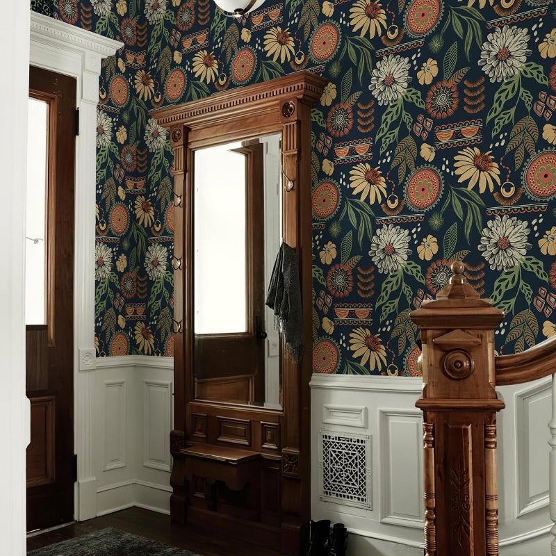 Simon&Siff Boho Wallpaper Peel and Stick, 17.3" x 480" Sun Floral Retro Removable Contact Paper Dark Botanical Flowers Wall Mural for Decorative Bedroom Bathroom Home Wall - Image 4