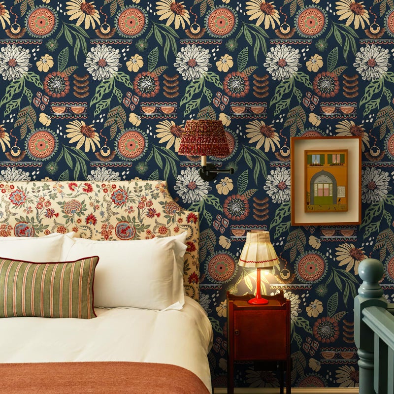 Simon&Siff Boho Wallpaper Peel and Stick, 17.3" x 480" Sun Floral Retro Removable Contact Paper Dark Botanical Flowers Wall Mural for Decorative Bedroom Bathroom Home Wall - Image 3