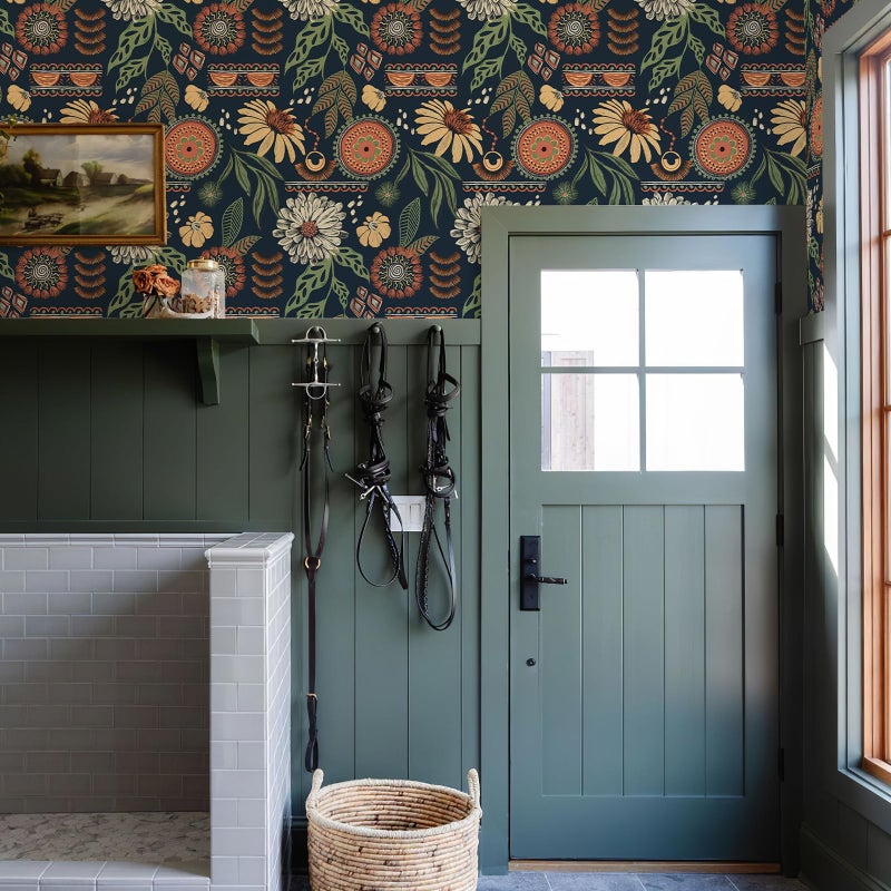 Simon&Siff Boho Wallpaper Peel and Stick, 17.3" x 480" Sun Floral Retro Removable Contact Paper Dark Botanical Flowers Wall Mural for Decorative Bedroom Bathroom Home Wall - Image 5