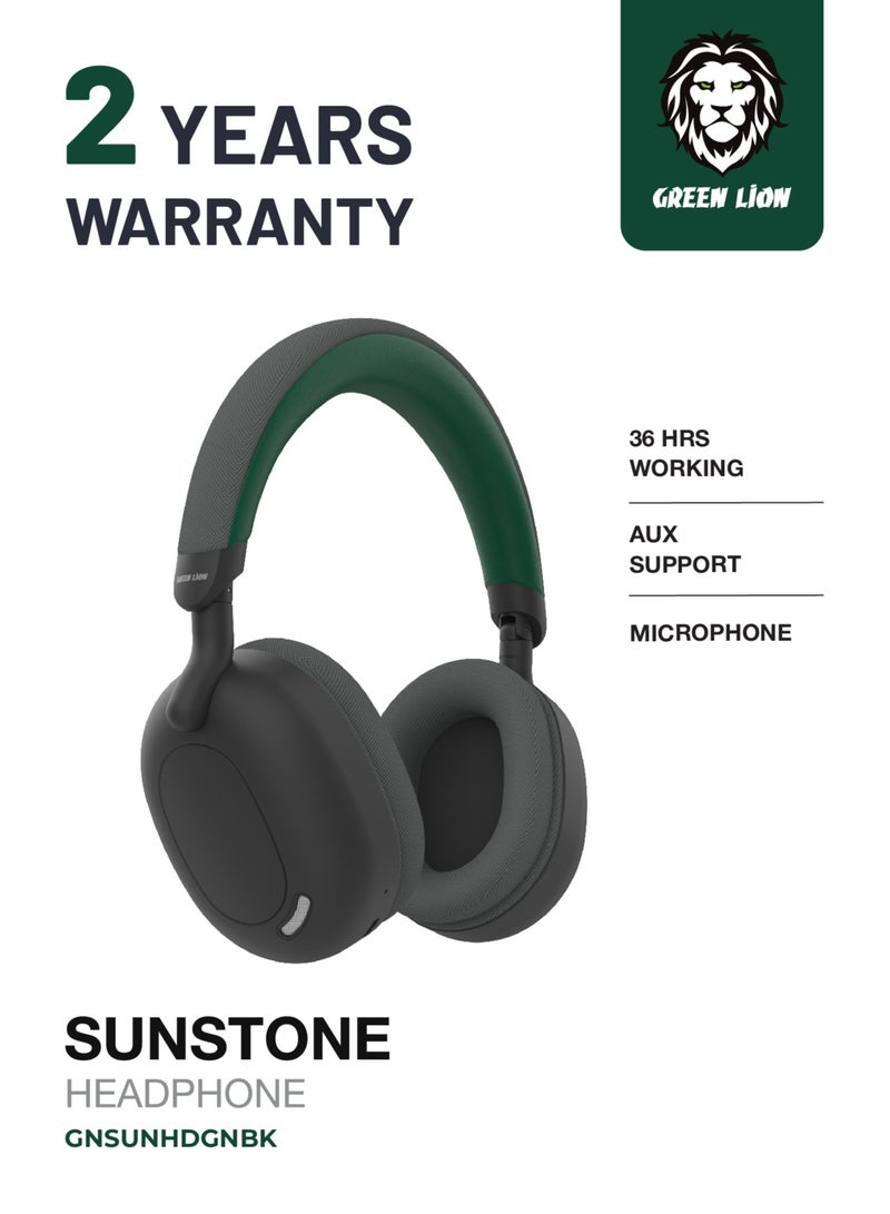 GREEN LION Sunstone Headphone / Long Hours Playing Time / Long-Range Working Distance / AUX Support / Microphone / V5.3 Bluetooth Version / 40mm Driver - Green & Black - Image 1