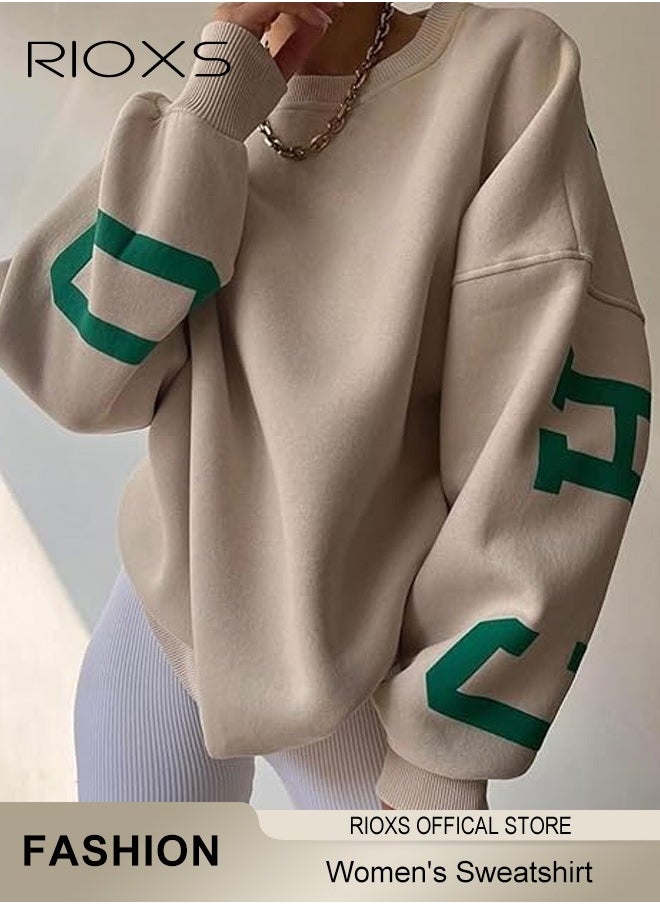 RIOXS - Women's Oversized Sweatshirt, Casual Letter Graphic Print Sweatshirt For Women, Ladies Graphic Crewneck Sweatshirts, Thickened Pullover Tops Sweatshirt For Spring Fall And Winter, Ladies Fashional Loose Pullover Top For Daily Wear - Image 1