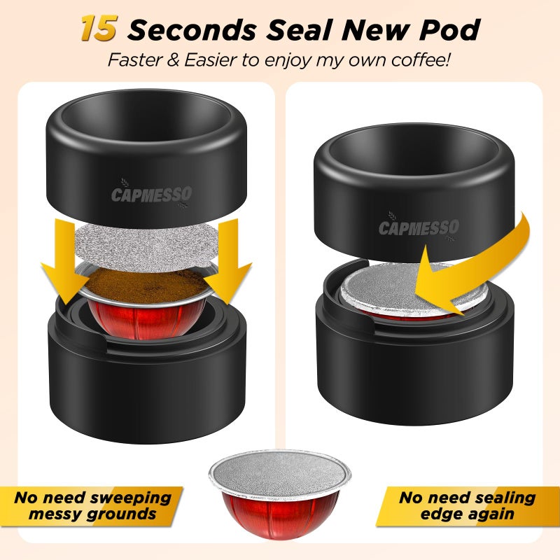 CAPMESSO Reusable Vertuoline Pod Refill Kit, 2024 Innovative for Faster Seal Reusable Vertuoline Pods with Fill & Press Brush,50pcs Aluminum Lids for Vertuoline Pod (50 Lids+1 Holder+1 Scoop)-NO PODS - Image 2