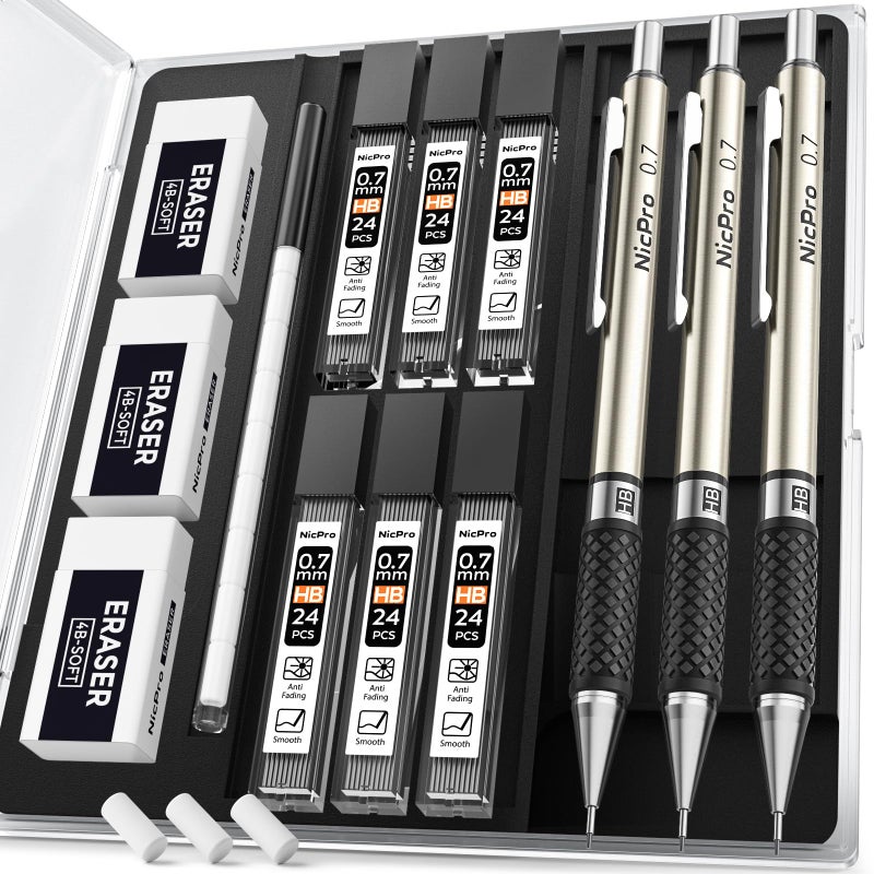Nicpro 07 mm Art Mechanical Pencil Set in Storage Case 3 PCS Metal Drafting Pencil Lead Pencil with 6 Tube HB Lead Refills 3 Erasers 9 PCS Eraser Refills for Artist Writing Drawing Sketching - Image 2