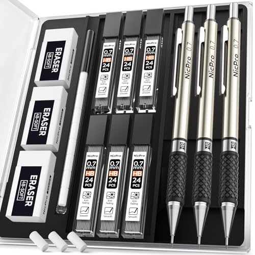 Nicpro 07 mm Art Mechanical Pencil Set in Storage Case 3 PCS Metal Drafting Pencil Lead Pencil with 6 Tube HB Lead Refills 3 Erasers 9 PCS Eraser Refills for Artist Writing Drawing Sketching - Image 1