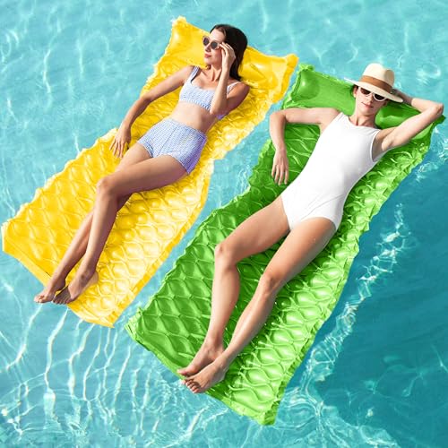 SLOOSH Inflatable Pool Floats RaftFloating Lounge for Adults64x32 inch Swimming Mat Pool Mattress with Headrest2 Pieces Float Air Mat for Summer Water Beach FunGreenYellow - Image 1