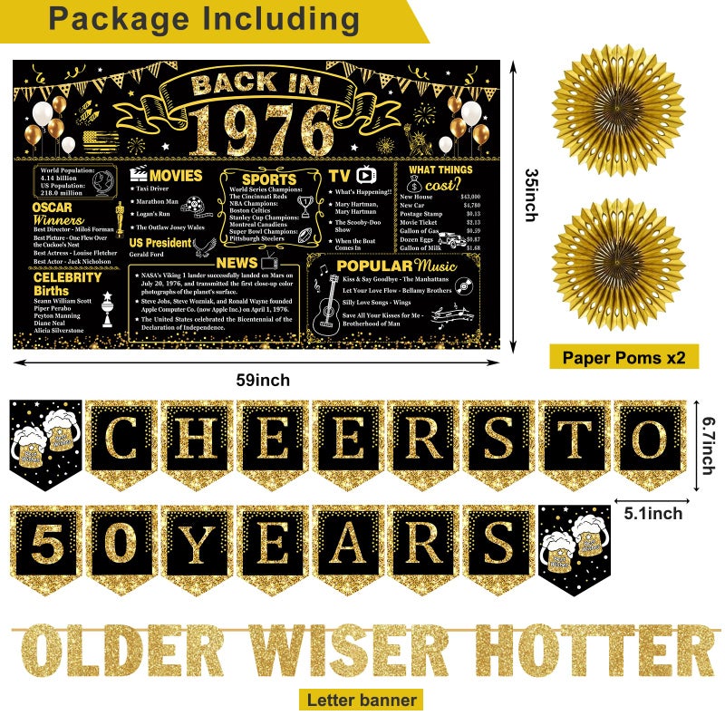 YeohJoy 50th Birthday Decorations for Men Women, 36 Pcs Back in 1976 Birthday Party Decorations, Black Gold Happy 50th Banner,Vintage 50th Birthday Table Decorations ,Cake Topper, Sash Party Supplies - Image 2