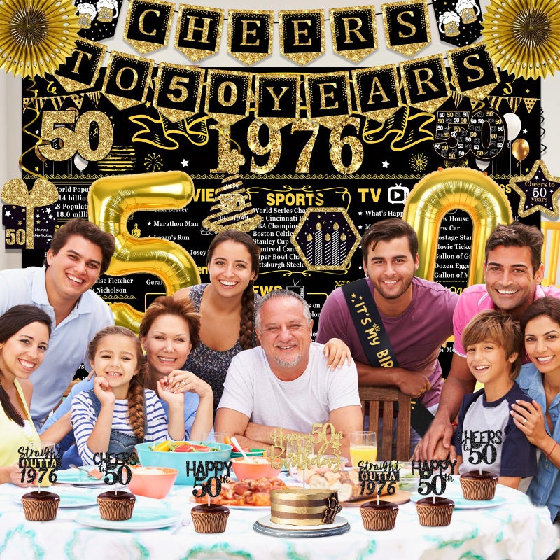 YeohJoy 50th Birthday Decorations for Men Women, 36 Pcs Back in 1976 Birthday Party Decorations, Black Gold Happy 50th Banner,Vintage 50th Birthday Table Decorations ,Cake Topper, Sash Party Supplies - Image 4