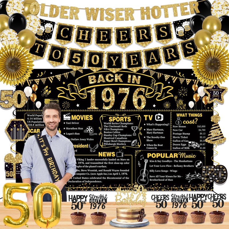 YeohJoy 50th Birthday Decorations for Men Women, 36 Pcs Back in 1976 Birthday Party Decorations, Black Gold Happy 50th Banner,Vintage 50th Birthday Table Decorations ,Cake Topper, Sash Party Supplies - Image 1
