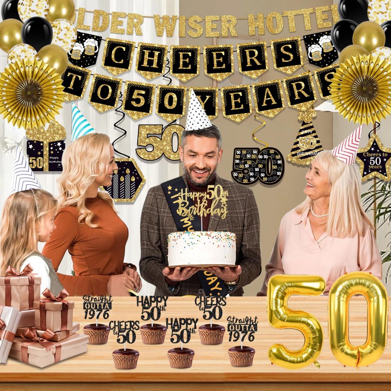 YeohJoy 50th Birthday Decorations for Men Women, 36 Pcs Back in 1976 Birthday Party Decorations, Black Gold Happy 50th Banner,Vintage 50th Birthday Table Decorations ,Cake Topper, Sash Party Supplies - Image 5