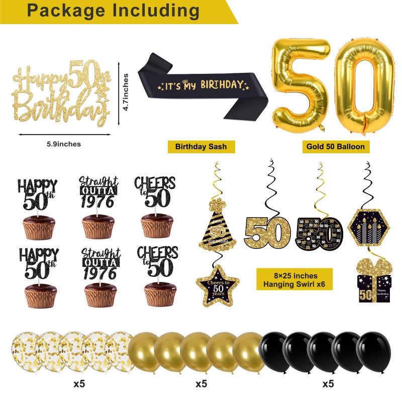 YeohJoy 50th Birthday Decorations for Men Women, 36 Pcs Back in 1976 Birthday Party Decorations, Black Gold Happy 50th Banner,Vintage 50th Birthday Table Decorations ,Cake Topper, Sash Party Supplies - Image 3