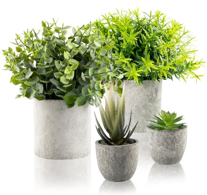 POTTED ARTIFICIAL PLANTS INDOOR 4 PCS FAKE PLANTS MINI FAUX PLANTS DECORATIVE ARTIFICIAL PLANT IN POTS FAKE HOUSE PLANT FOR OFFICE BALCONY DESK BATHROOM GARDEN