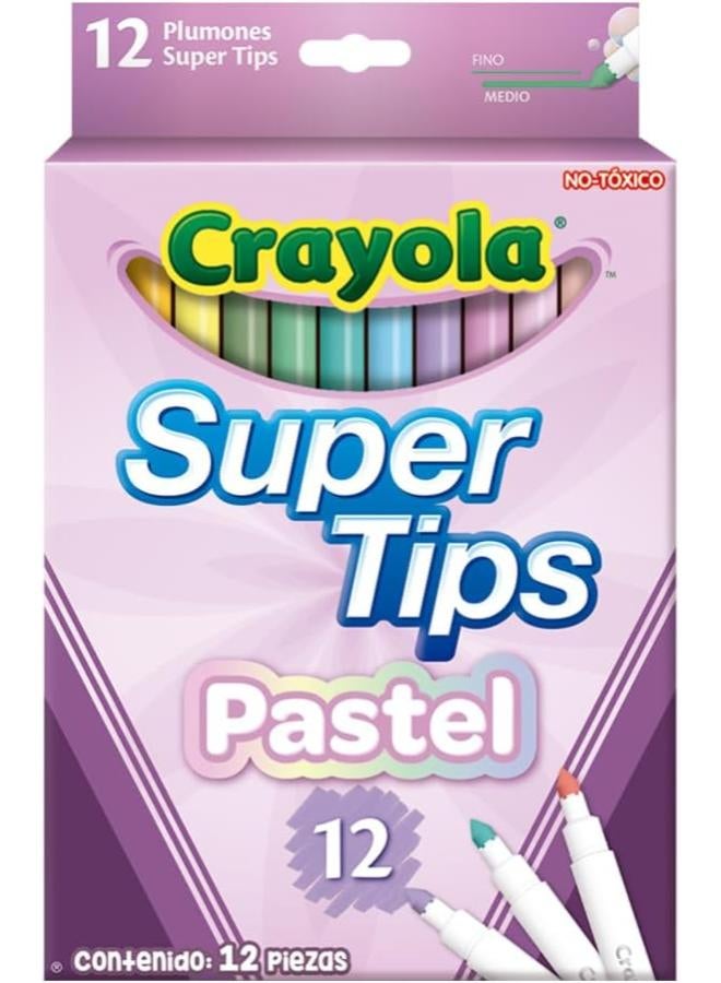 CRAYOLA Pastel SuperTips Washable Markers - Assorted Colours (Pack of 12), Premium Felt Tip Pens That Can Easily Wash Off Skin & Clothing, Ideal for Kids Aged 3+ - Image 1