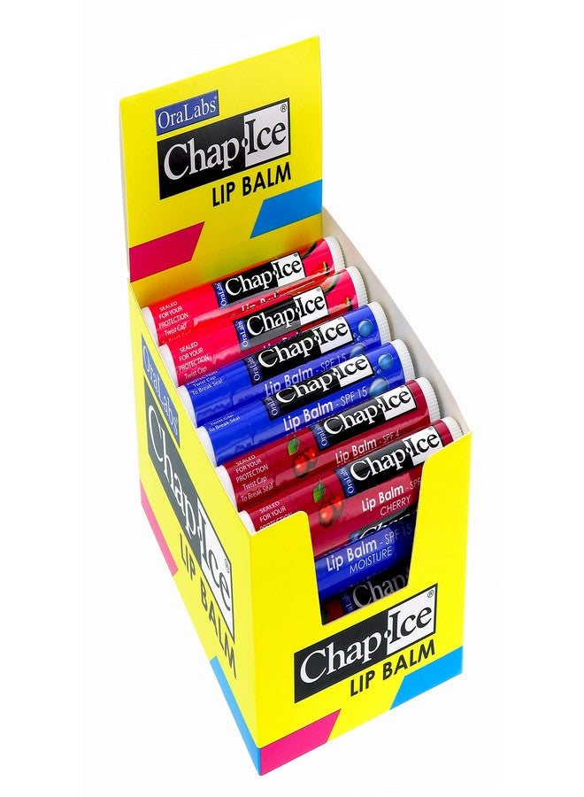 Chap Ice شامب-آيس® | بلسم شفاه فاخر وتقليدي للشفاه المتشققة، الجافة، أو المتأثرة بالرياح | 3 نكهات متنوعة (SPF-15) - كرز، رطوبة وبطيخ - 24 عصا (0.15oz/4.25g) - Image 1