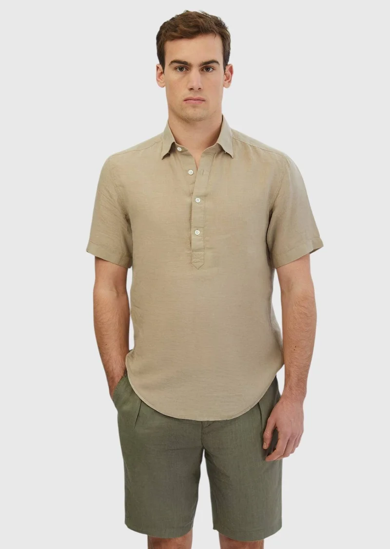 RAMSEY Mink Plain Casual Fit Short Weaving Casual 100% Linen Shirt