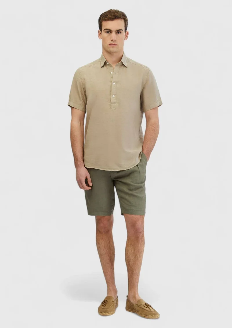 RAMSEY Mink Plain Casual Fit Short Weaving Casual 100% Linen Shirt