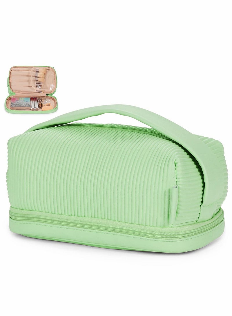 Excefore Travel Makeup Bag, Cosmetic Bag Make Up Organizer Case, Large Wide-open Pouch for Women Purse Toiletries Accessories Brushes (Green) - Image 1