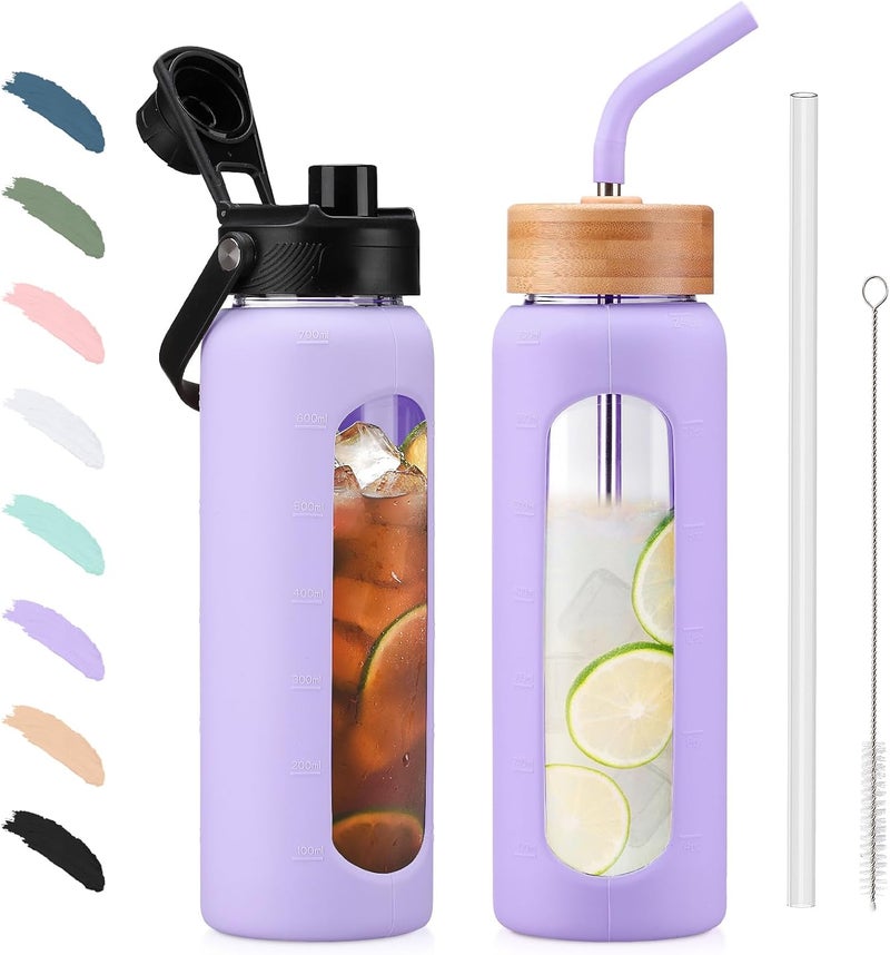 BLUEGO 700 ml Borosilicate Glass Sports Water Bottle with Straw and 2 Lids, Leak-Proof, Purple - Image 1