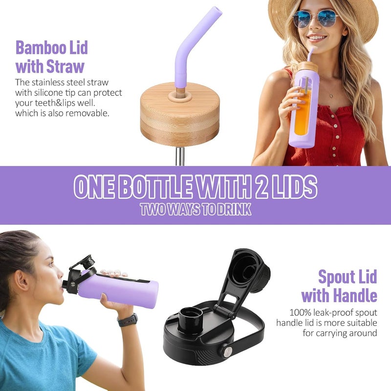 BLUEGO 700 ml Borosilicate Glass Sports Water Bottle with Straw and 2 Lids, Leak-Proof, Purple - Image 3