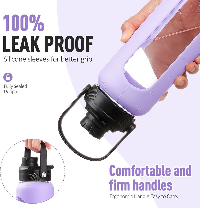BLUEGO 700 ml Borosilicate Glass Sports Water Bottle with Straw and 2 Lids, Leak-Proof, Purple - Image 2