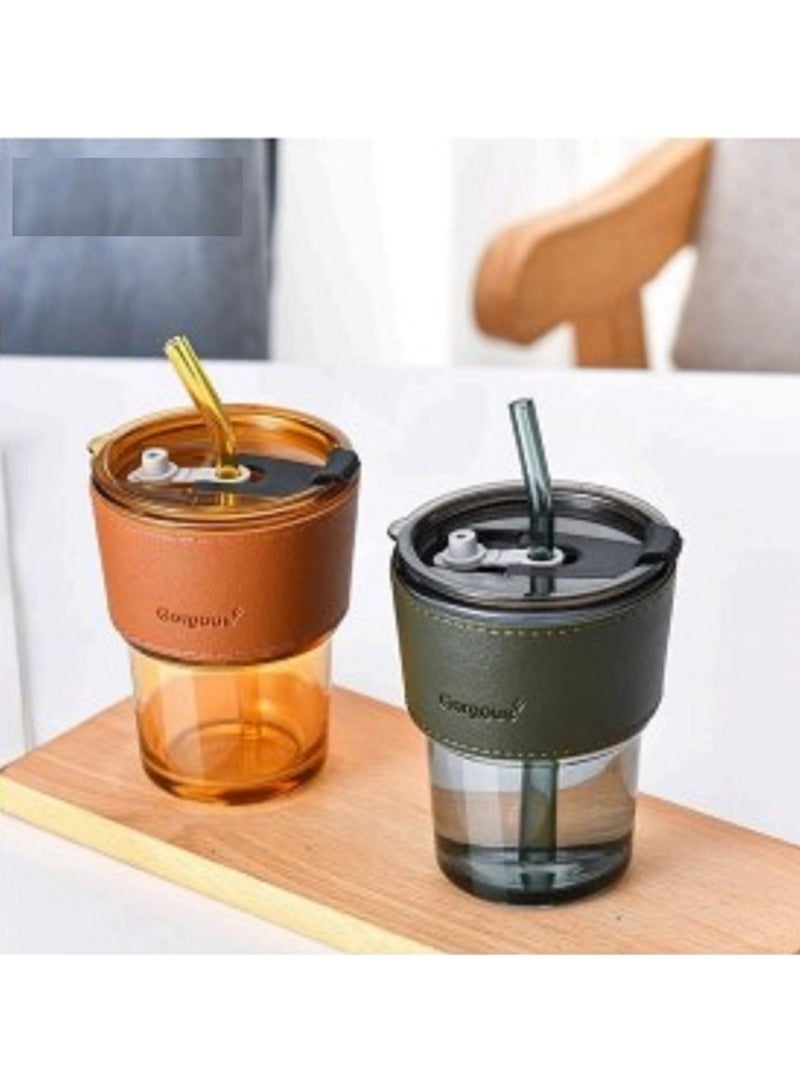 Glass Tumbler with Silicone Straw and Lid 450ml, Glass Cup with Leather Sleeve, Glass Coffee Mugs for Straw and Direct Drinking Mouth Dual Use, Summer Travel Essential Bottle