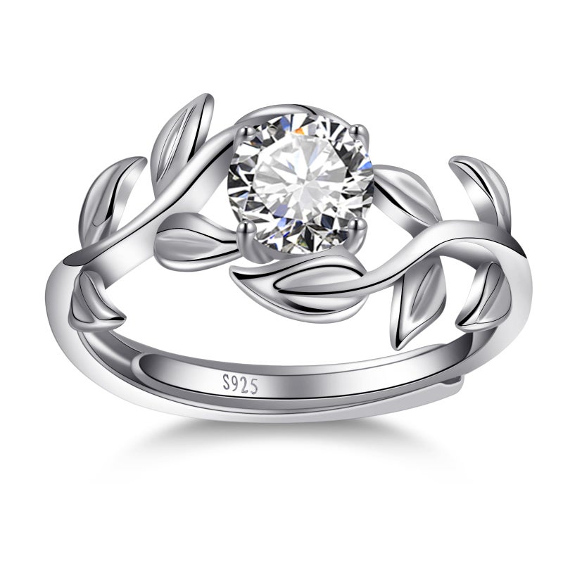 Yaresul Adjustable Branch Leaf Engagement Ring for Women 925 Sterling Silver Stackable Ring 4-Prong Setting Cubic Zirconia Promise Wedding Ring Anniversary Valentines Band Width 2.3mm Open Size 5-9 - Image 1