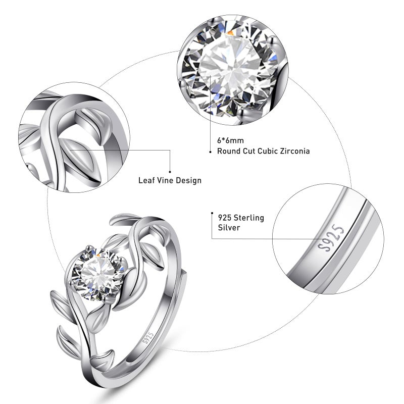 Yaresul Adjustable Branch Leaf Engagement Ring for Women 925 Sterling Silver Stackable Ring 4-Prong Setting Cubic Zirconia Promise Wedding Ring Anniversary Valentines Band Width 2.3mm Open Size 5-9 - Image 4