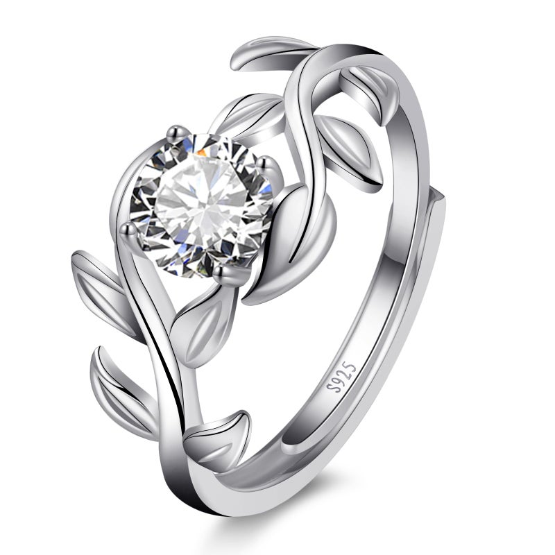 Yaresul Adjustable Branch Leaf Engagement Ring for Women 925 Sterling Silver Stackable Ring 4-Prong Setting Cubic Zirconia Promise Wedding Ring Anniversary Valentines Band Width 2.3mm Open Size 5-9 - Image 2