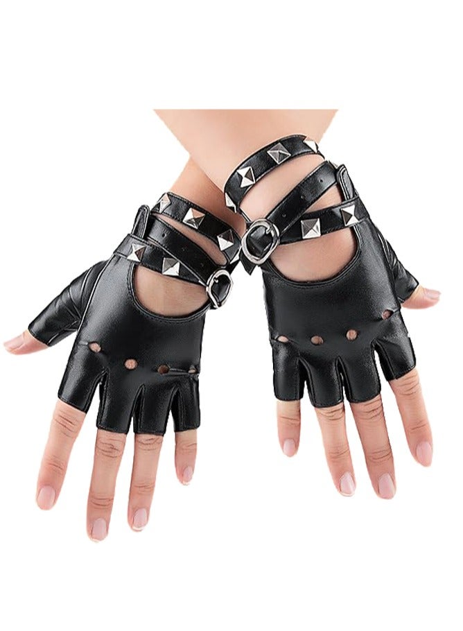 قفازات جلدية صناعية بدون أصابع، قفازات بايكر بانك سوداء مع حزام للإغلاق وتصميم برشام للنساء والأطفال - Image 1