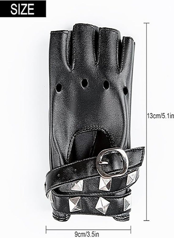 قفازات جلدية صناعية بدون أصابع، قفازات بايكر بانك سوداء مع حزام للإغلاق وتصميم برشام للنساء والأطفال - Image 4