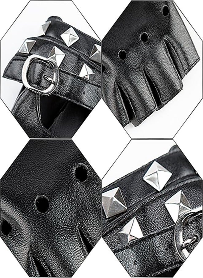 قفازات جلدية صناعية بدون أصابع، قفازات بايكر بانك سوداء مع حزام للإغلاق وتصميم برشام للنساء والأطفال - Image 3