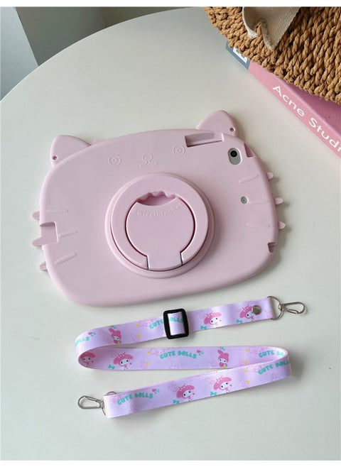 Pink Kitten Ipad10 Tablet PC Silicone Protective Case Rotating Bracket Mini123 Stereo Drop-resistant Suitable-Color:With Rope-Applicable Model:Samsung A9 X110/X115/X117