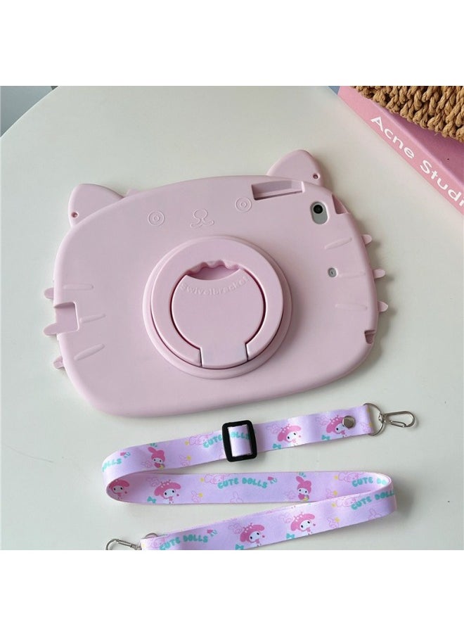 Generic - Pink Kitten Ipad10 Tablet PC Silicone Protective Case Rotating Bracket Mini123 Stereo Drop-resistant Suitable-Color:With Rope-Applicable Model:Samsung A9 X110/X115/X117 - Image 1