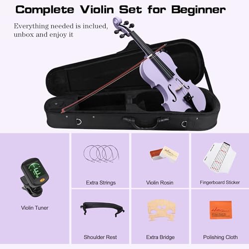 ADM Acoustic Violin for Kids Beginners12 Size Acoustic Violin Fiddle for Teens Students Violin Starter Kit with Hard Case ETuner Rosin Shoulder Rest Bow Extra Strings Free Lessons Purple - Image 3