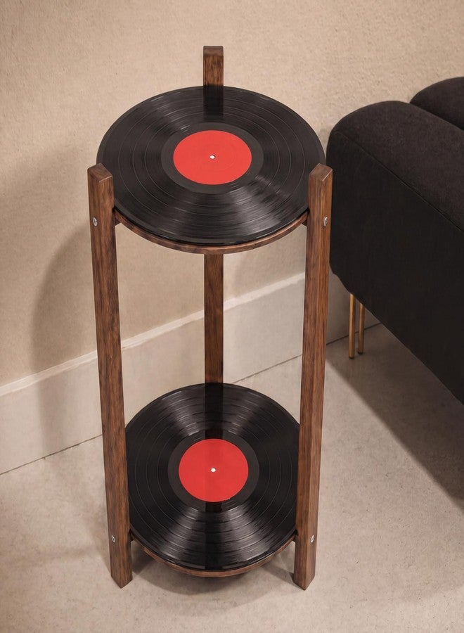 روويست طاولة تسجيلات فينيل من Roowest، طاولة جانبية دائرية من طبقتين مع رف تخزين، طاولة تسجيلات بتصميم كلاسيكي، ديكور منزلي مستوحى من موسيقى الروك أند رول في الخمسينيات، مناسبة لغرفة النوم أو كحامل نباتات، ديكور لحفلات أعياد الميلاد. - Image 1