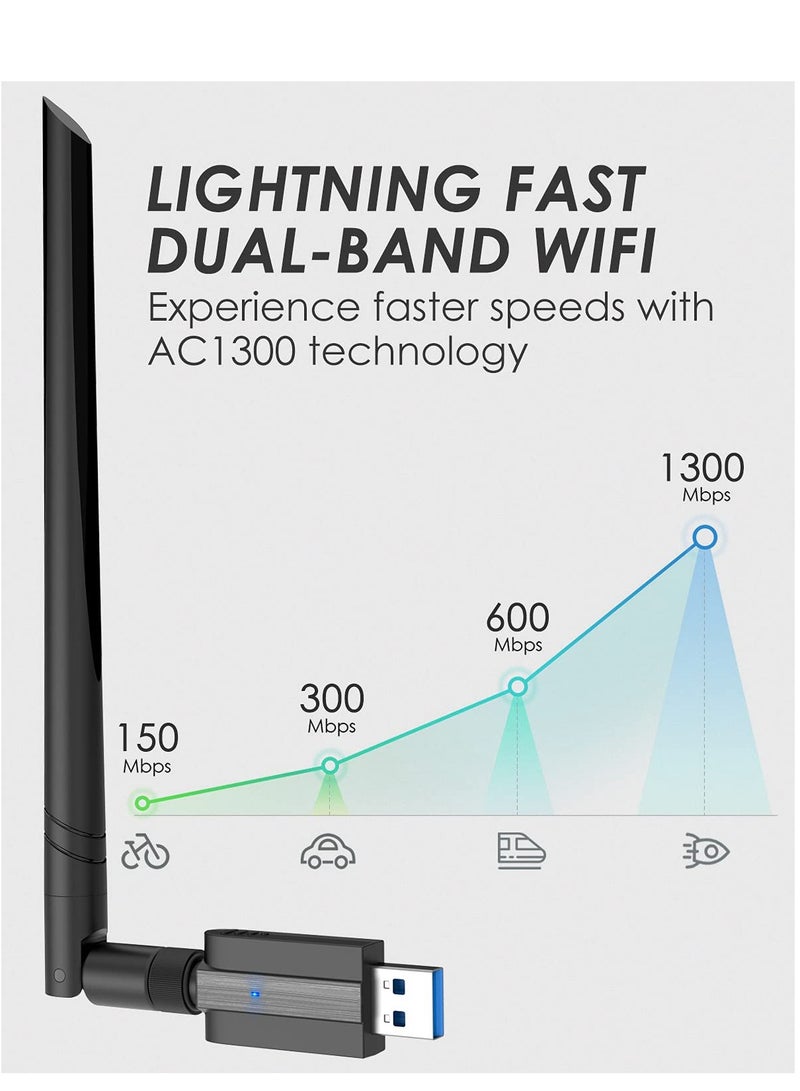 High-Speed Wireless USB WiFi Adapter, 1300Mbps Dual Band Dongle for Windows & Mac, USB 3.0 Connectivity - Image 2