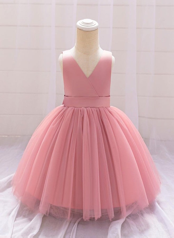 OBEEII Infant Baby Girls Wedding Flower Girl Dress Sleeveless Satin Tutu Dress Bowknot V Back Pageant Party Birthday Formal Dress Baby Girl Christening Baptism Dresses Pink 2-3 Years - Image 2
