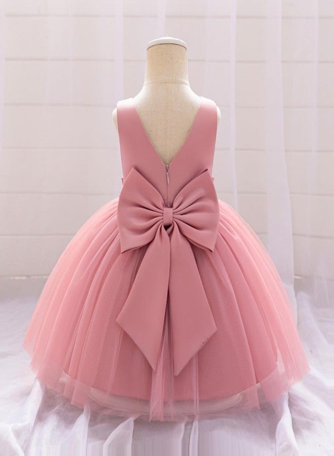 OBEEII Infant Baby Girls Wedding Flower Girl Dress Sleeveless Satin Tutu Dress Bowknot V Back Pageant Party Birthday Formal Dress Baby Girl Christening Baptism Dresses Pink 2-3 Years - Image 3