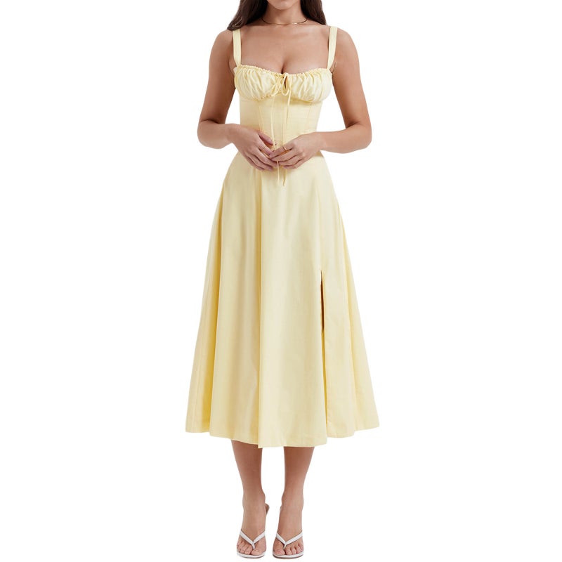 Summer French Style Slim A-Line Split Slip Dress Yellow 
