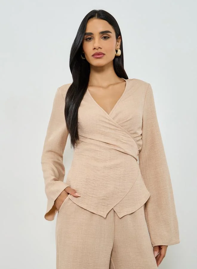 Take Two Beige Wrap Top and Wide Leg Pants Co-ords