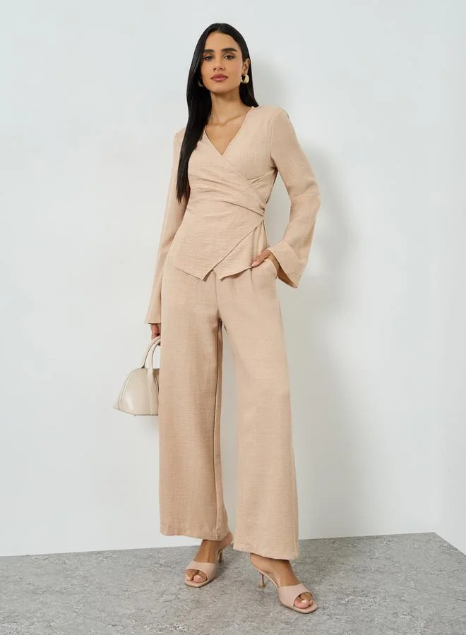 Take Two Beige Wrap Top and Wide Leg Pants Co-ords