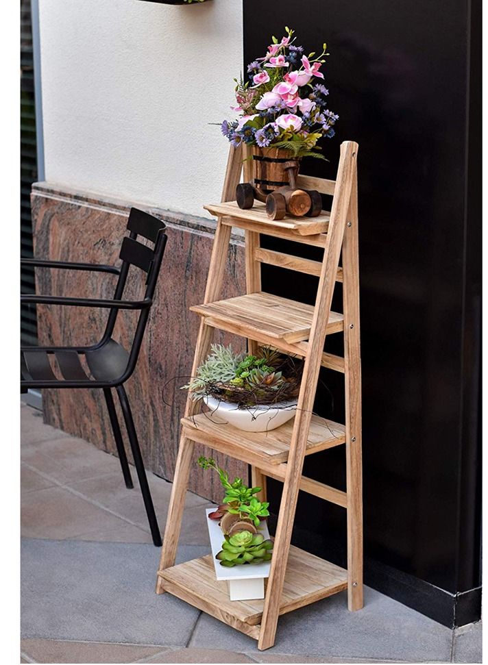 FFD Wooden Flower Stand Foldable Plant Stand Solid Wood Ladder Design Flower Container Vase Pot Display Stand Wood Rack Plant Book Shelf Beige  - Image 4