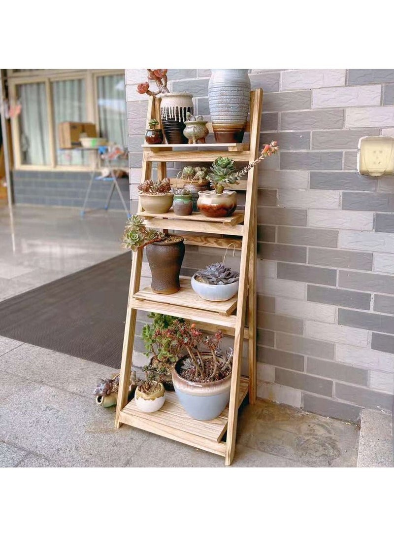 FFD Wooden Flower Stand Foldable Plant Stand Solid Wood Ladder Design Flower Container Vase Pot Display Stand Wood Rack Plant Book Shelf Beige  - Image 1