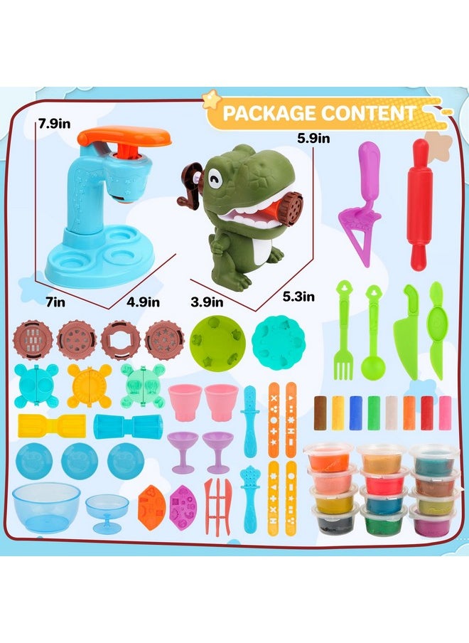 OFNMY - Playdough Sets For Kids Ages 4-8, 2 In 1 Playdough Ice Cream Set With 12 Colors Dough, Dinosaur Noodle Maker With Food Model, Kitchen Toy Color Dough Set For Making Noodles Cookie, Gift For Girls Boys - Image 1
