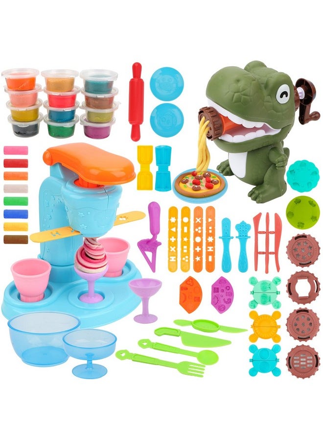 OFNMY - Playdough Sets For Kids Ages 4-8, 2 In 1 Playdough Ice Cream Set With 12 Colors Dough, Dinosaur Noodle Maker With Food Model, Kitchen Toy Color Dough Set For Making Noodles Cookie, Gift For Girls Boys - Image 1